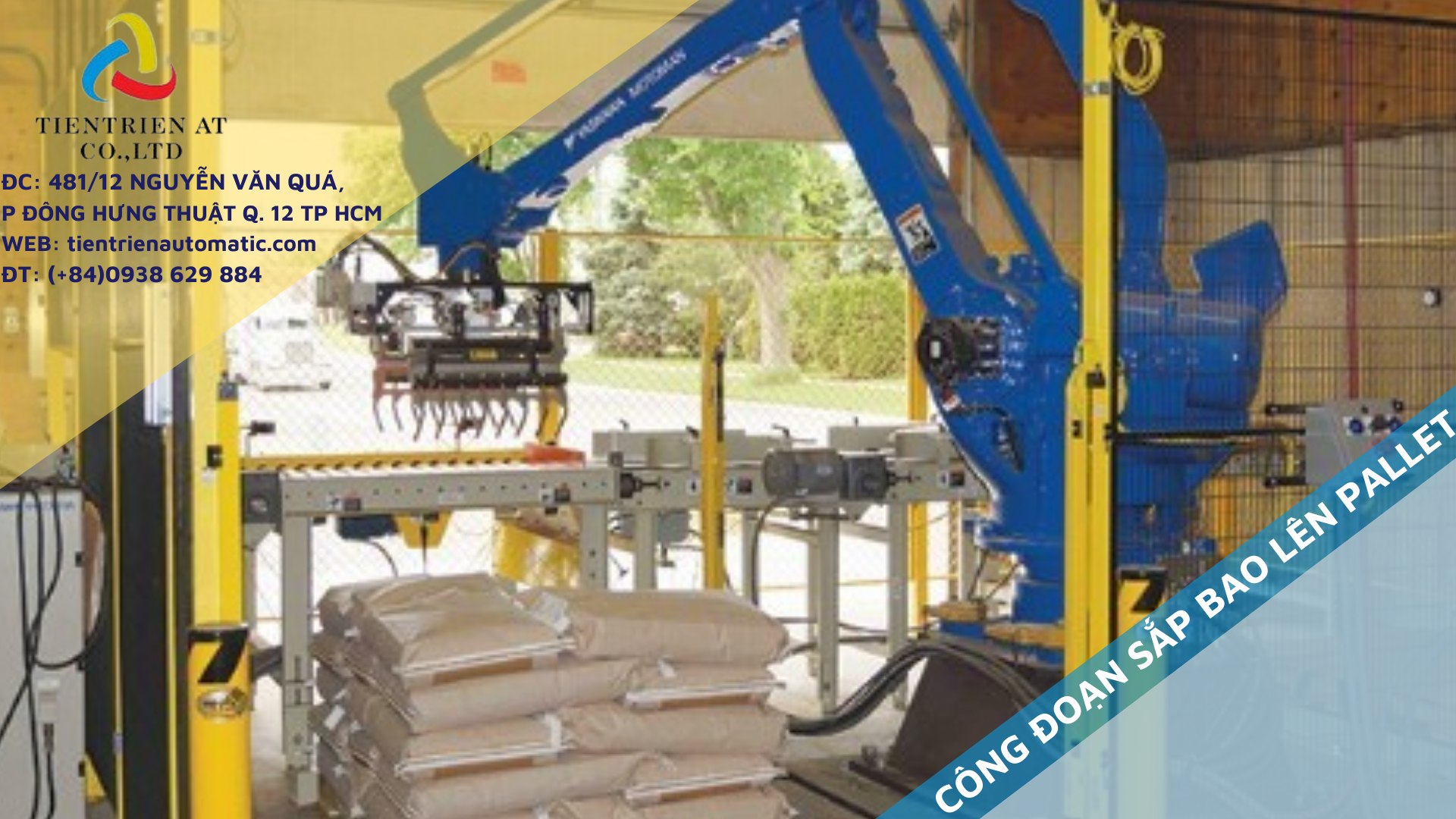 Máy xếp bao gạo lên pallet với độ chính xác cao, đảm bảo sự ổn định và an toàn trong quá trình vận chuyển.