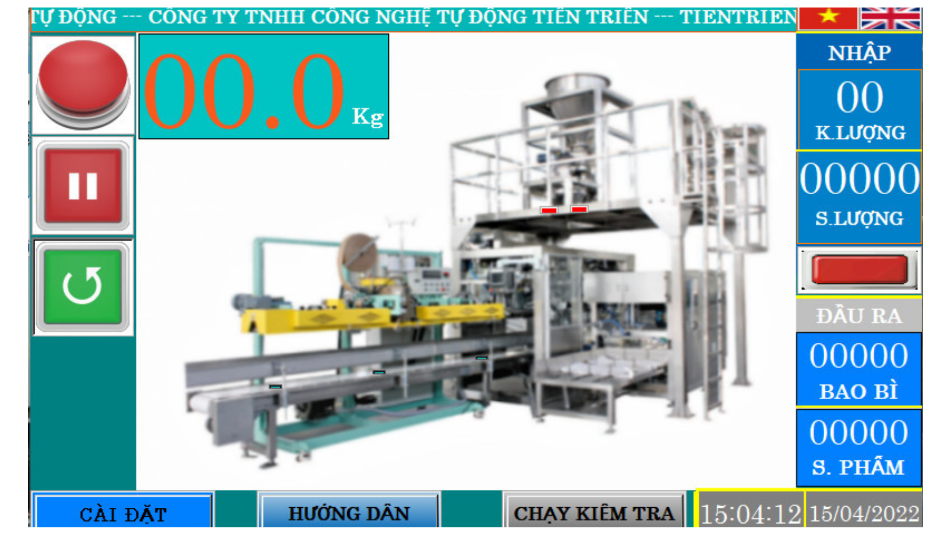 Màn hình điều khiển cảm ứng của máy đóng bao gạo với thiết kế trực quan, tích hợp các chức năng điều chỉnh cân nặng và theo dõi quy trình vận hành.